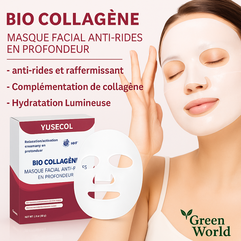 Masques Bio GreenGlow™ – Collagène & Acide Hyaluronique – Éclat & Jeunesse Naturelle